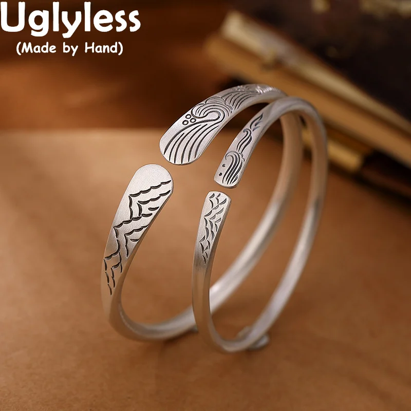 

Uglyless Real 999 Full Silver Lovers Bangles Chinese Romance Carved Mountain Sea Couples Jewelry Asymmetrical Men Women Bangles