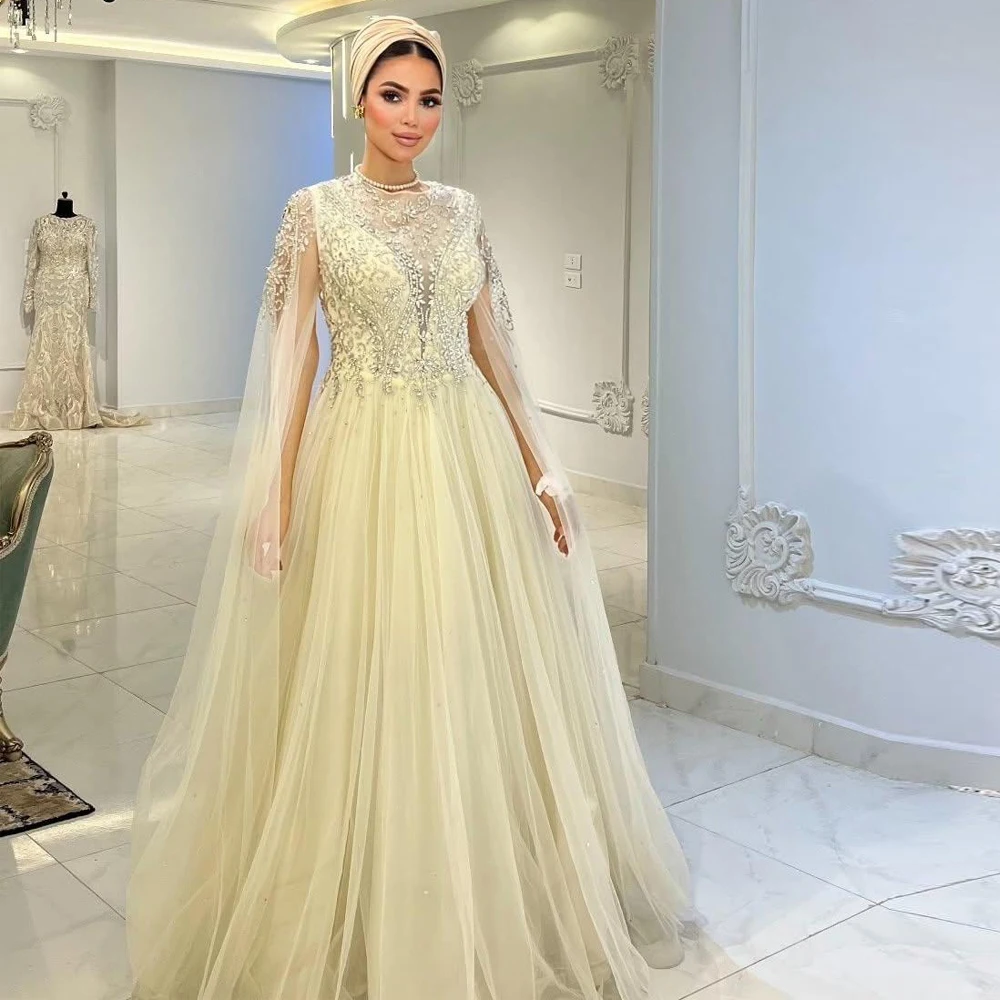 Vestido de Noche Árabe Dubai con Mangas Tipo Capa Personalizadas, Apliques de Cuentas, Vestido de Invitada de Boda Adornado, Tul Beige, Atuendo Formal para Fiesta