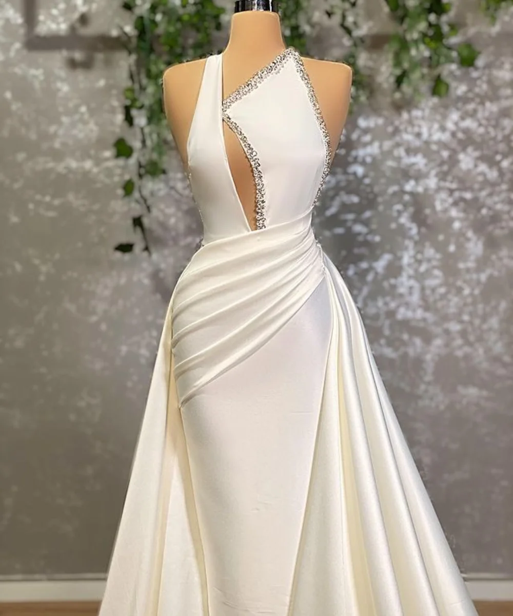 Elegant White Satin Prom Dresses With Detachable Train Beaded Pleats Mermaid Evening Dress Party Custom Made Gown