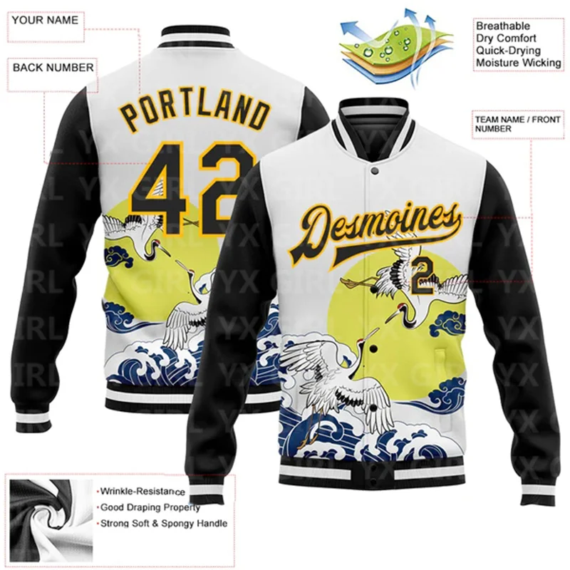 Custom White Black-Gold Crane And Wave 3D Pattern Design Bomber Full-Snap Varsity Letterman Jacket Baseball Button Jacket