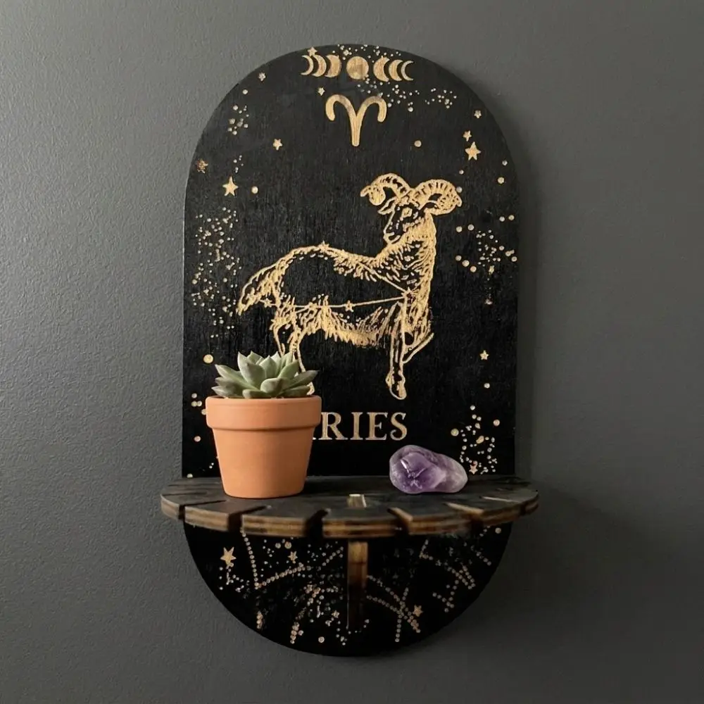 Wooden Wall Mounted Shelf Sun Moon Butterfly Wall Storage Rack 2D Printed Hanging Design Wall Display Stand Spiritual Home