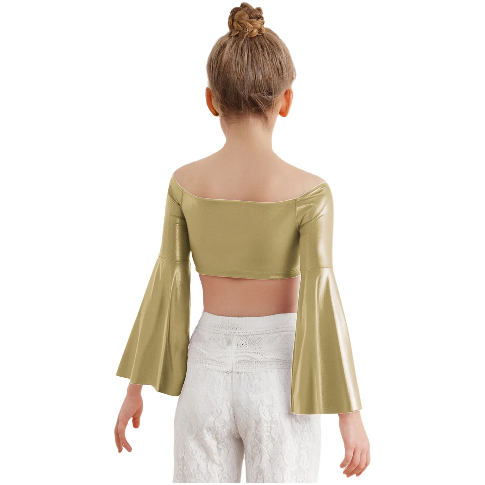 키즈 소녀 셔츠 재즈 댄스 탑 긴 플레어 슬리브 오프 숄더 메탈릭 크롭 탑 생일 파티 무대 공연 댄스웨어