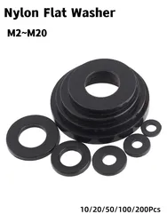 Black PA66 Nylon Plastic Flat Washer Plane Spacer M2 M2.5 M3 M4 M5 M6 M8 M10 M12 M14~M20 Insulation Gasket Ring For Screw 1~3mm