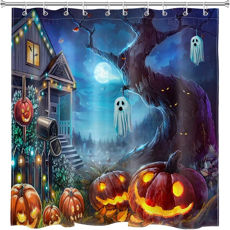 Halloween Before Christmas Trunk Trick Or Treat Scary Haunted Ghost On Tree Witch Castle Pumpkin Lantern Shower Curtain Decor