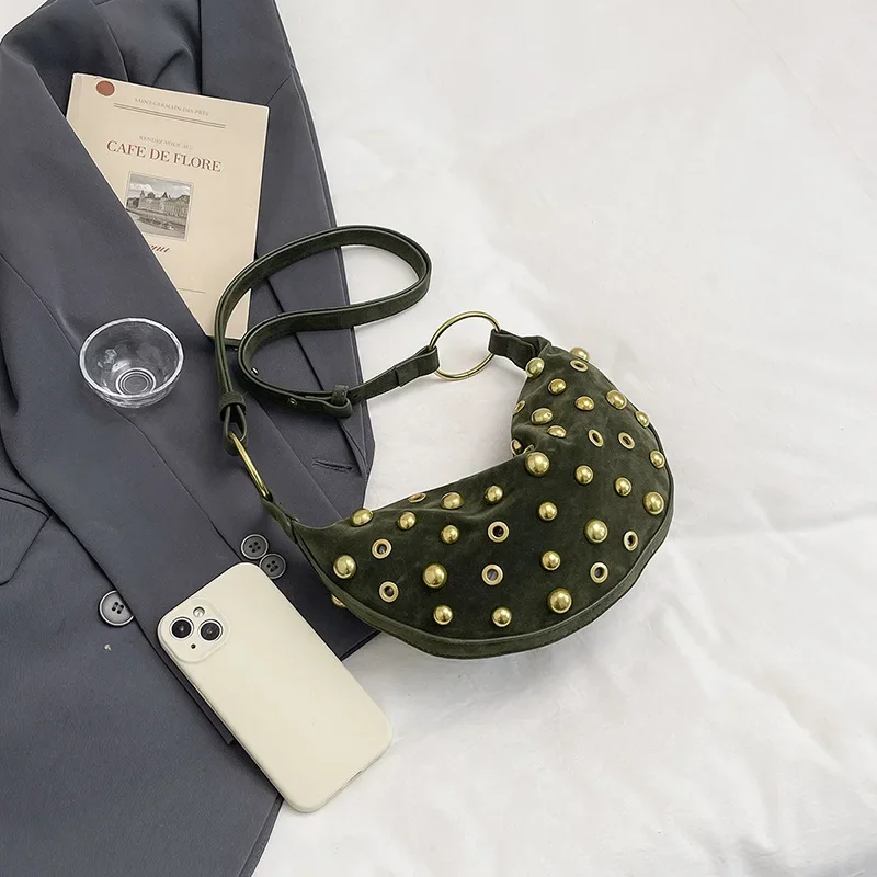 Moda estilo punk rebite bolsa de ombro, bolsa de bolinho crossbody feminina, bolsa versátil na moda feminina bolsas e bolsas