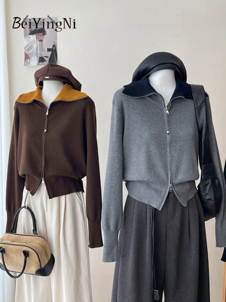 

Beiyingni корейский винтажный женский кардиган, трикотаж, осень-зима, двойная молния, цвет заклинания, французский женский свитер, повседневные модные топы