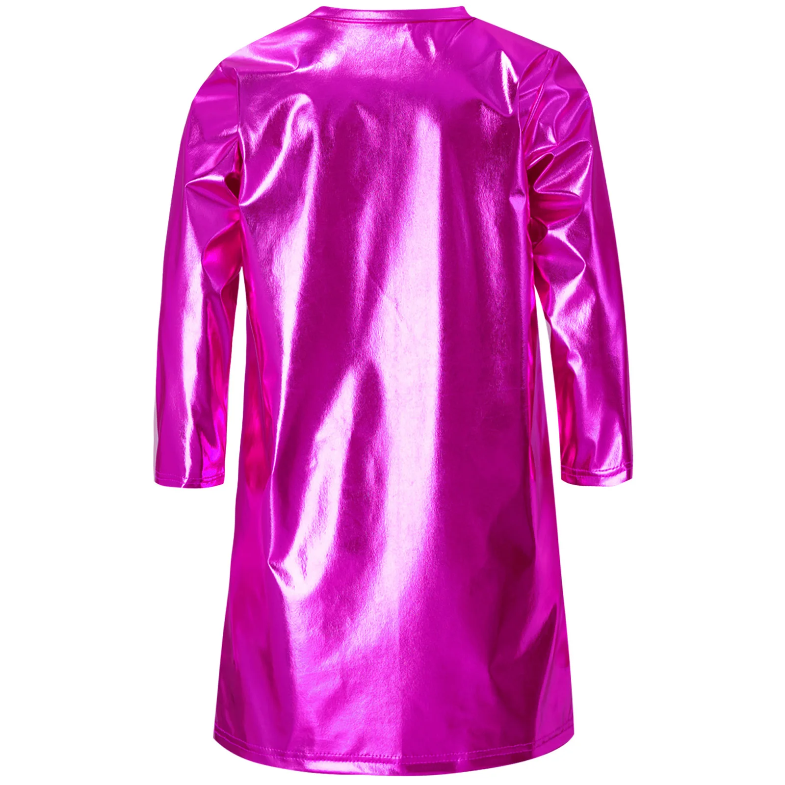 Kids Girls Dance T-shirt Tops Performance Costume Round Neck Long Sleeves Metallic Shiny T-shirt Dress