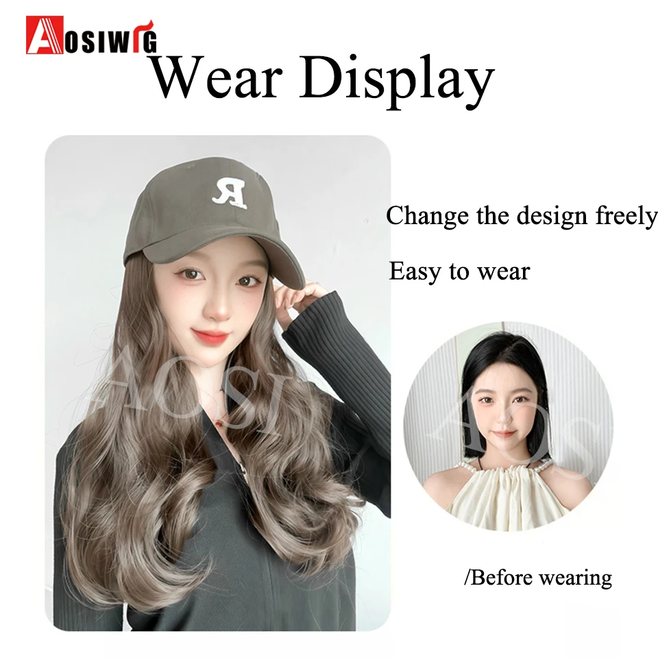 AOSI 16Inch Long Wavy Wig Synthetic Wig Baseball Cap Extensions Hat Wigs Cold Brown Adjustable Hairpiece for Women Daily Wear