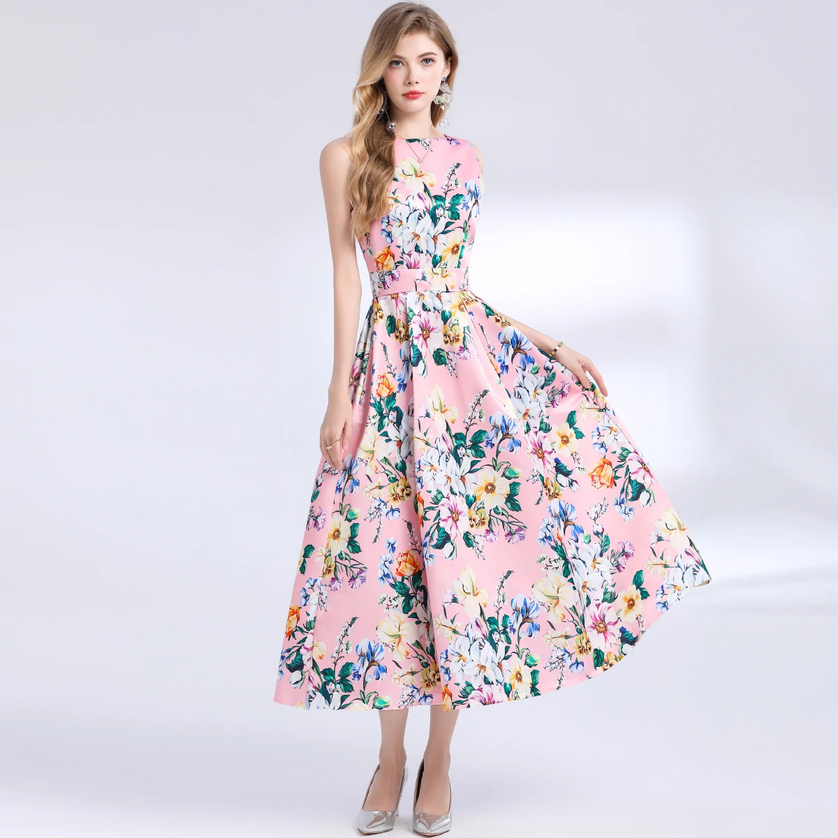 Férias de verão rosa vestidos florais feminino tanque colete sem mangas fino cintura alta bolso flor impressão praia festa midi vestido