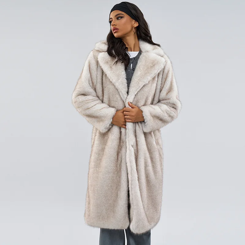 Manteau long en fausse fourrure à revers blanc pour femme, veste en peluche, pardessus moelleux Él, manches longues, chaud, streetwear, hiver, nouveau, 2024