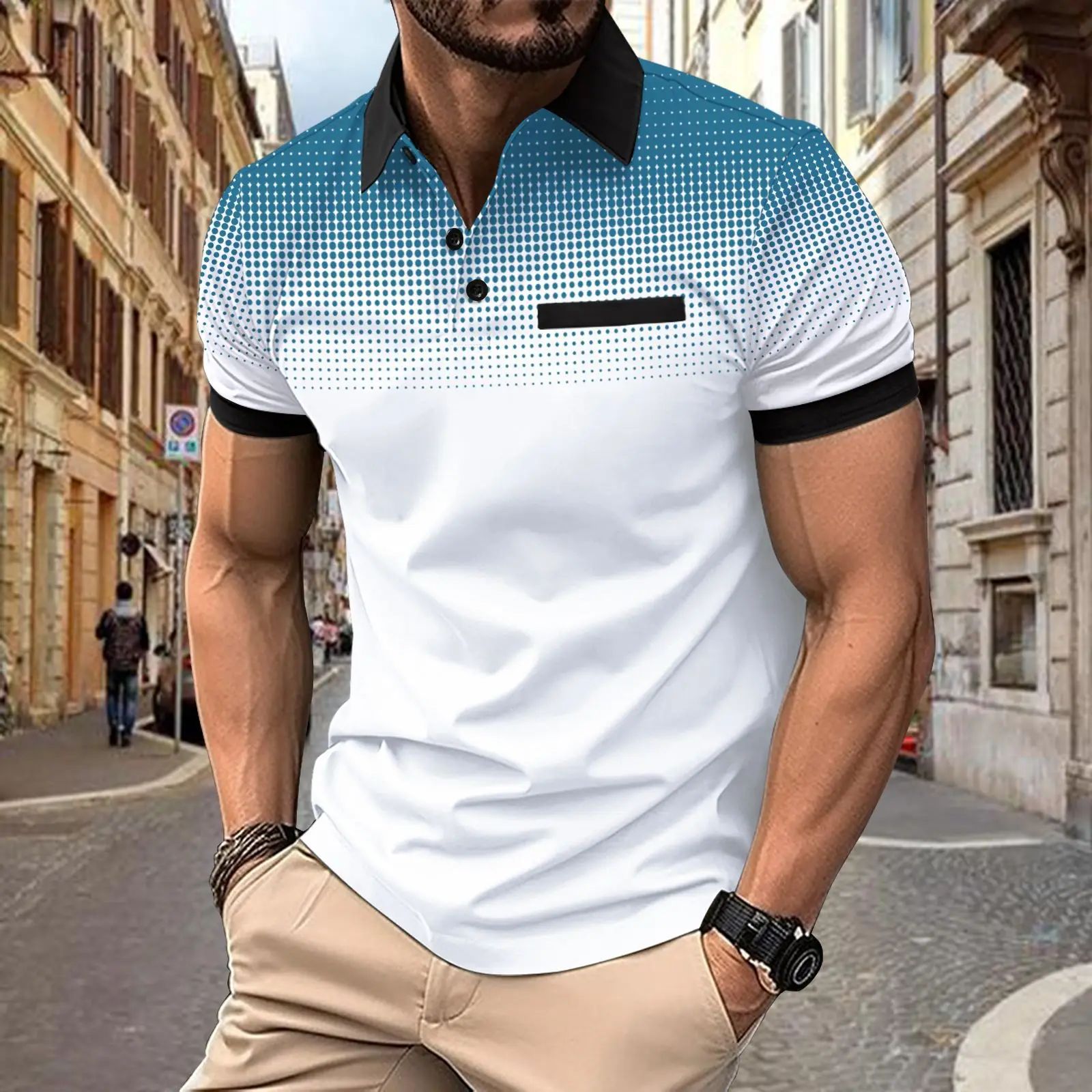 

2024 Summer men's lapel short-sleeved T-shirt Gradual print polka dot Polo shirt Sports Golf Business casual Polo shirt