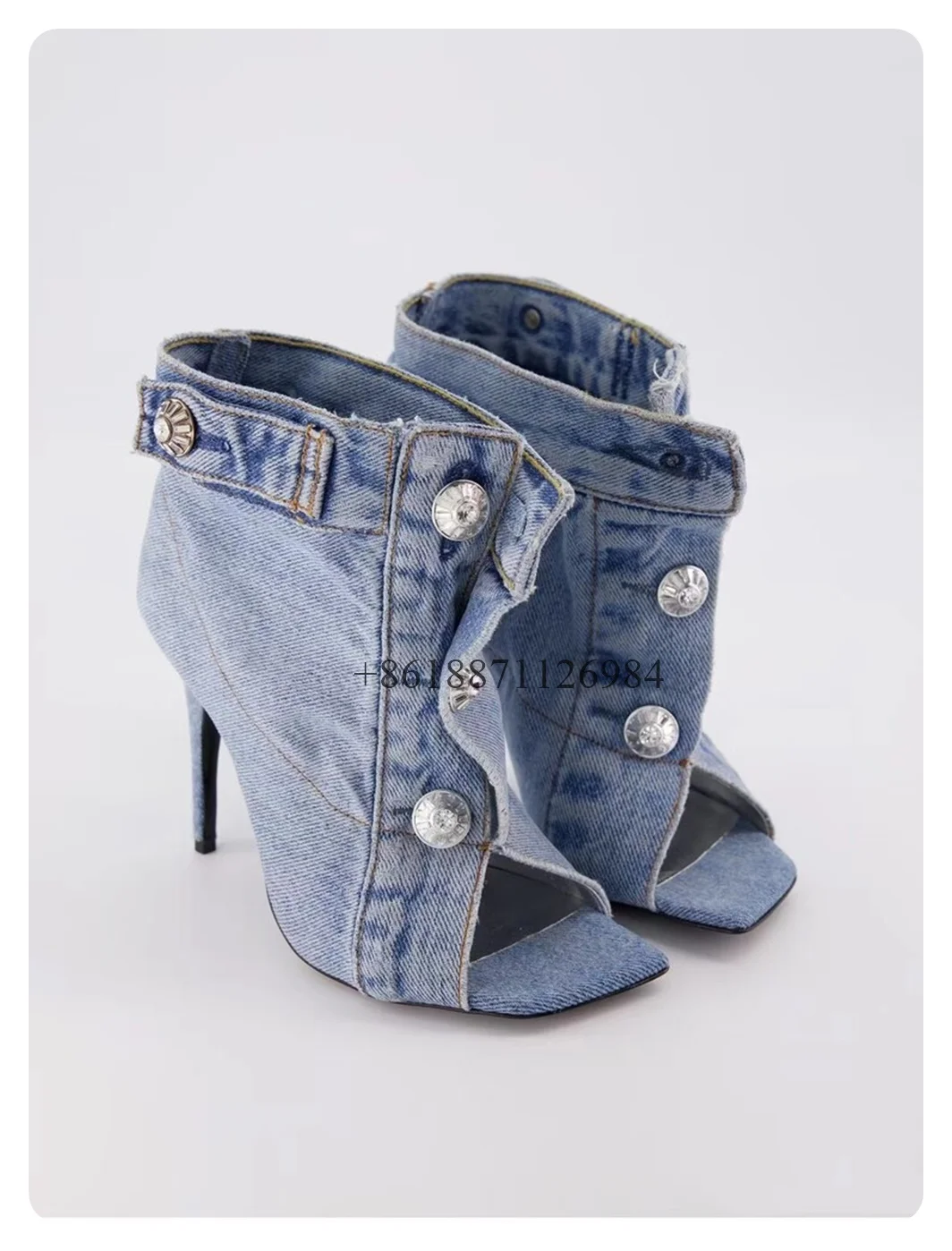 

Cowboy Blue Square Toe Summer Women Sandals Boots Stiletto High Heels Button Design Large Size Fashion Show Peep Toe Shoes