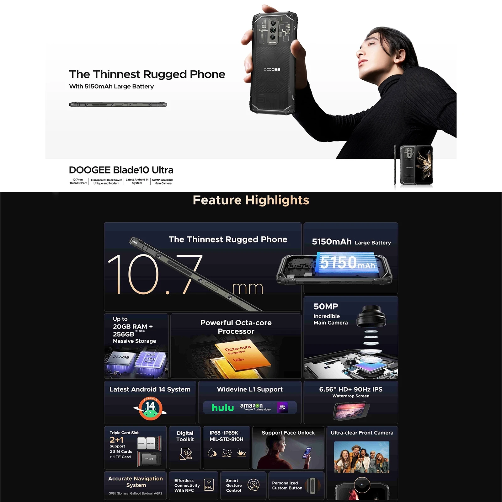 DOOGEE Blade 10 Ultra Rugged Phone 8GB+256GB 50MP Main Camera 5150mAh 6.56'' Android 14 Spreadtrum T606 OTG NFC 4G  Smartphone