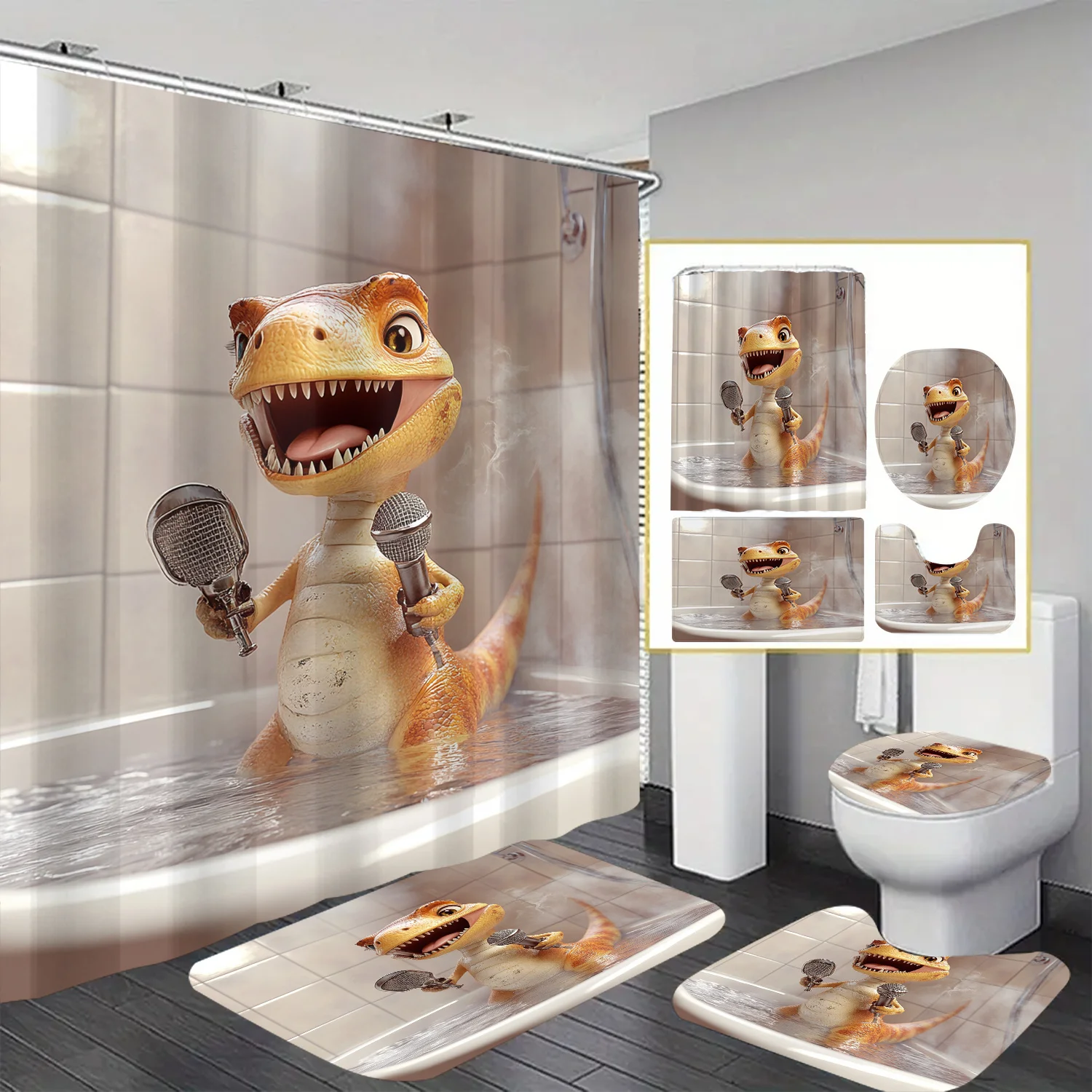 

Bath Dinosaur Theme Shower Curtain 12 Hooks Suitable for Room Home Hotel Machine Washable Curtain Bathroom 4pcs