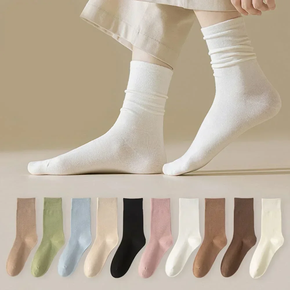 10 Set Soft Women's Mid-Calf Socks Slim Basic Solid Color Cotton All Seasons Student Color Daily Socks Trendy Fashion Socks
