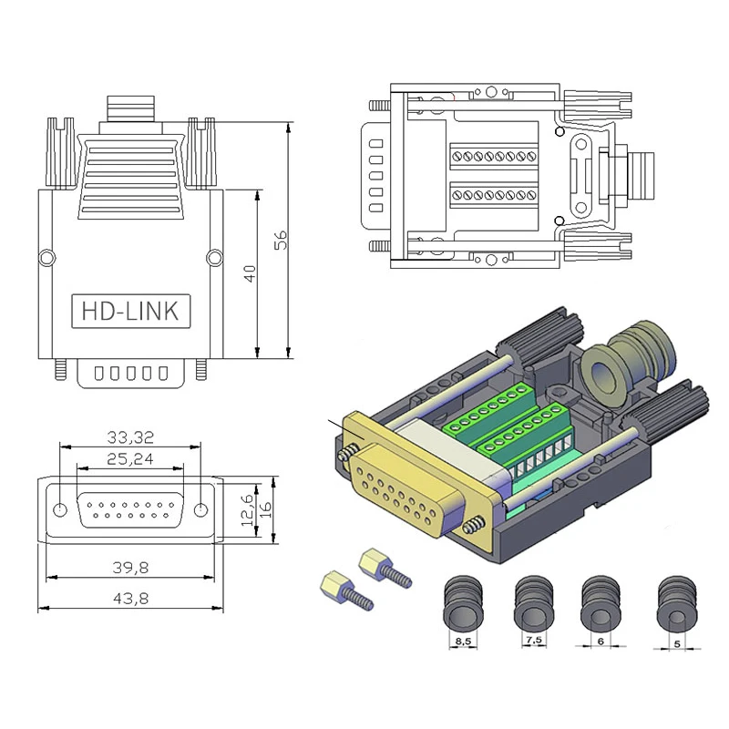 1PCS 15Pin DB15 Solderless Breakout Connector 2 Rows Hollow Punch Needle D-SUB Male Female Terminal Industrial Serial Plug