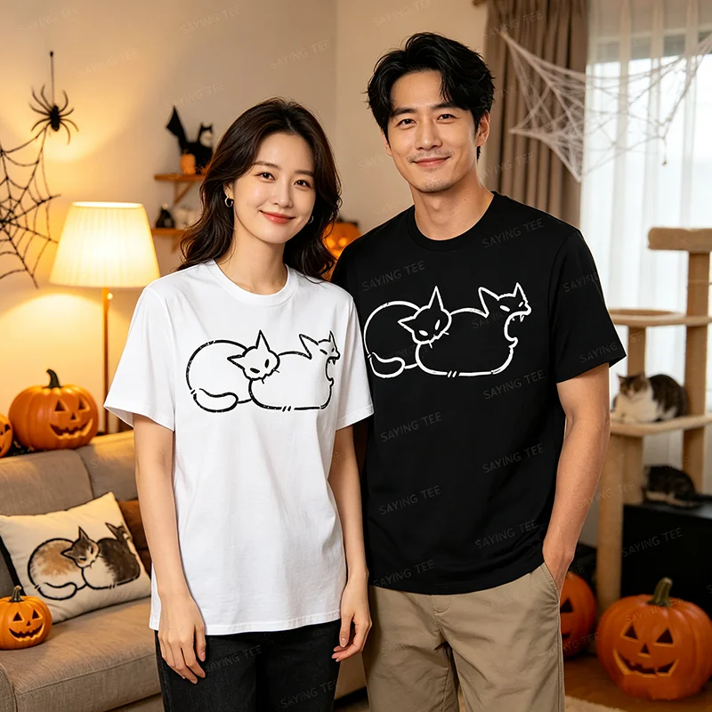 Einfach chillen: Zweiköpfige Katze, gruseliges Line-Art-Grafik-T-Shirt, Halloween-Kostüm, Y2k-Zeichnung, Katzen-Grafik-Bekleidung, neuartiges T-Shirt-Oberteil – Detail 3