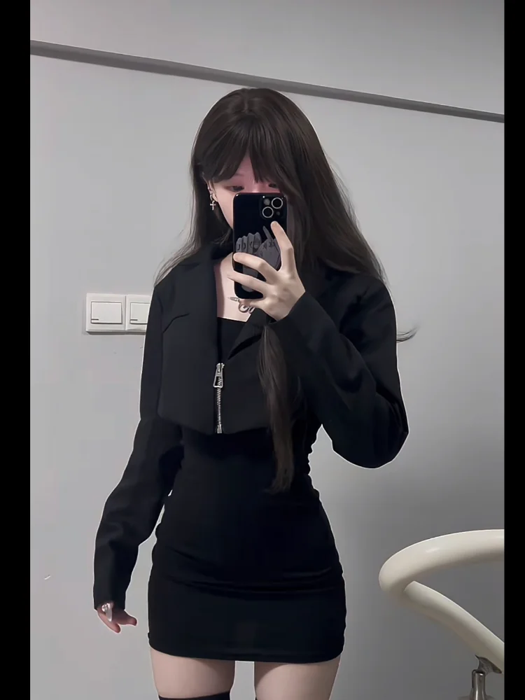 Início do outono coreano sle doce e picante menina ins terno ort casaco fino ajuste camada base dr conjunto feminino cintura alta saia linha a