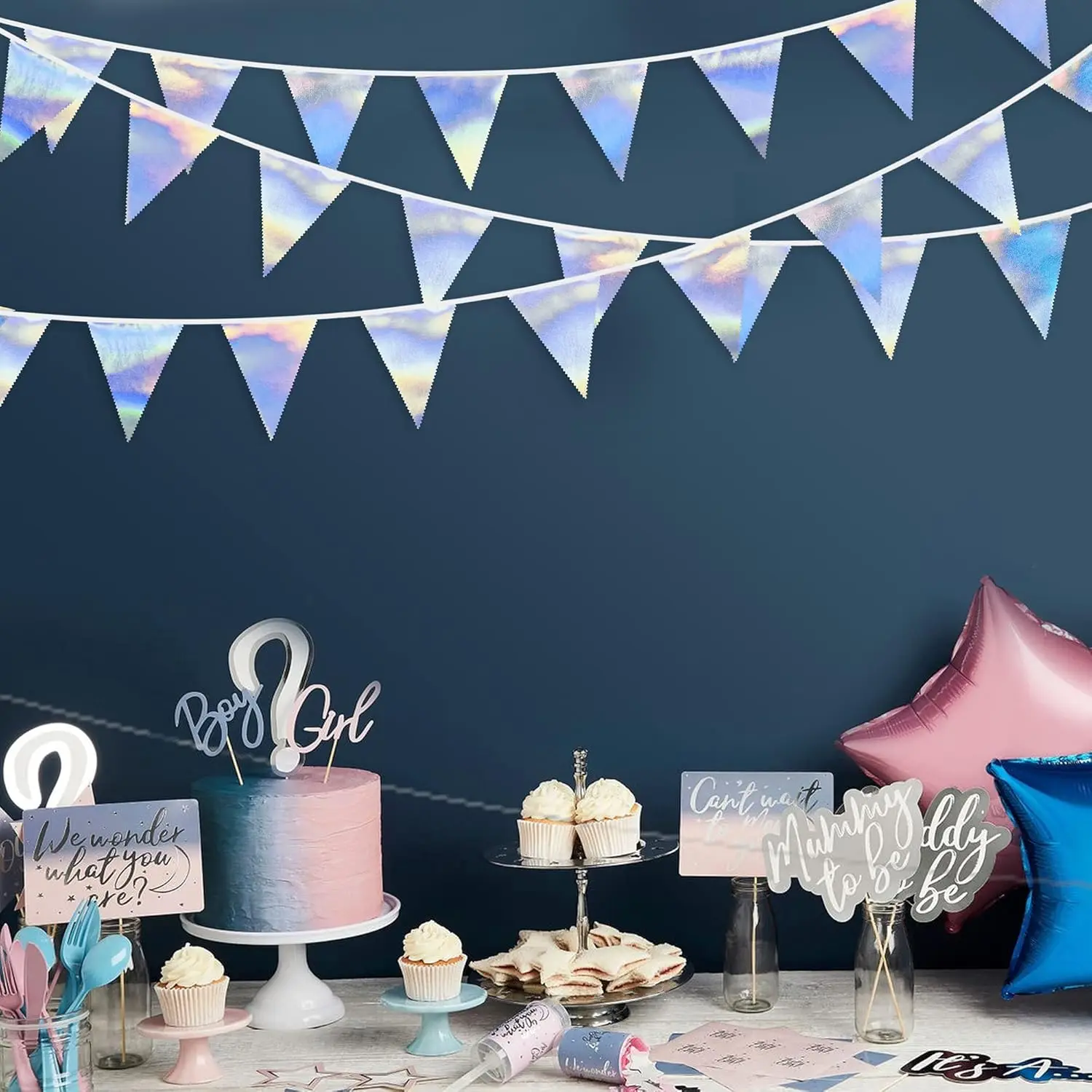Iridescent Mermaid Birthday Party Decorations Holographic Fabric Triangle Pennant Banner Flag Bunting Disco Galaxy Party Decor