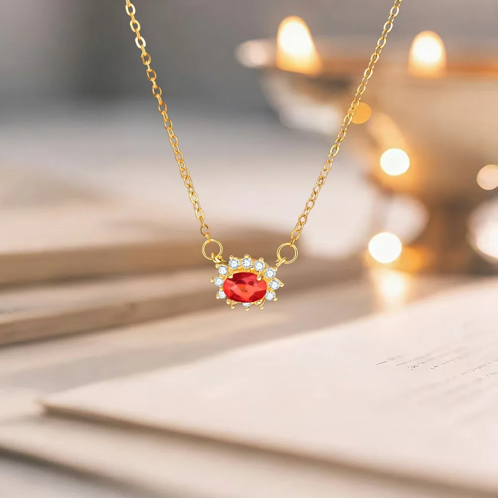 Exquisite Charm Stainless Stee Red Stereo Ellipse Micro-inlay Zircon Pendant Necklace for Women Temperament Jewelry Gift No Fade