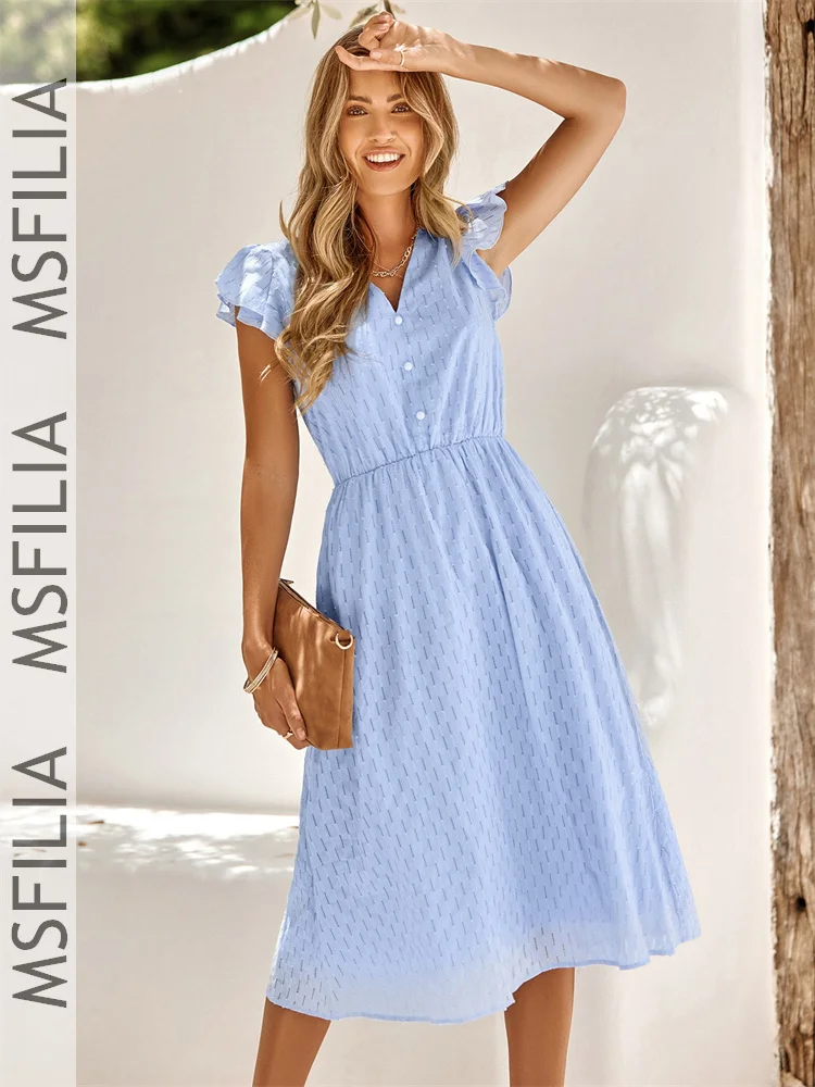 

Msfilia Spring Summer Women's Elegant V Neck Dress Short Sleeve Medium Long Dresses For Female