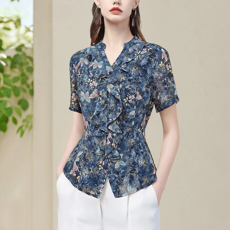 

Fashion Floral Printed Chiffon Blouse Womens Summer Short Sleeve V-Neck Tops Elegant Slim Lightweight Casual Button-down Shirts