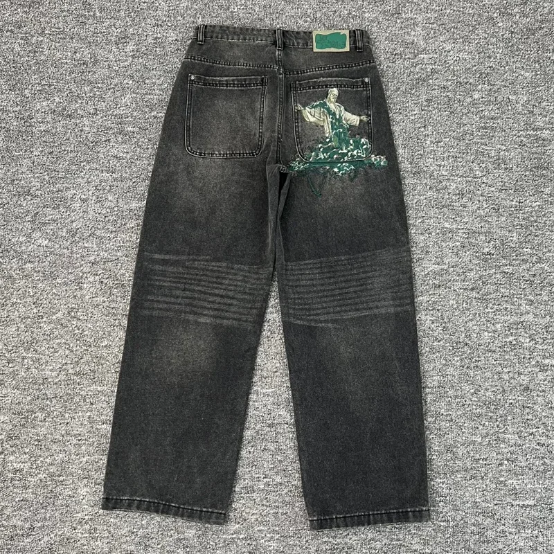 

Derschutze JEANS модные вышивки для мужчин и женщин High Street Pop ретро свободные прямые брюки пара джинсовых брюк