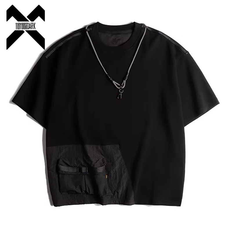 2025 Summer Functional T-Shirt Mens Techwear Loose Pocket Patchwork Short Sleeved T Shirt Streetwear Tshirt for Couples Tees Top