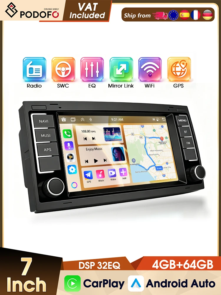 Podofo 7 Zoll 4+64G Wireless CarPlay Autoradio für Volkswagen Touareg 2004-2011/ Transporter Ts Multivan 2004-2009 WIFI GPS Auto-Multimedia-Player