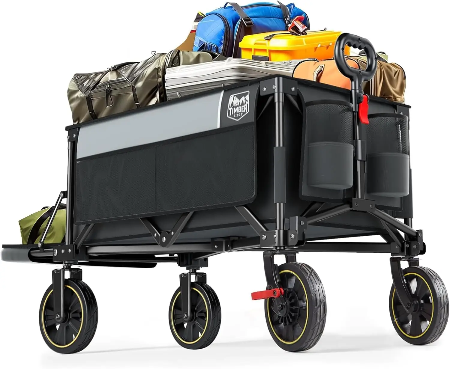 Outdoor Camping Grey Collapsible Wagon with Steel Structure, 300lbs Capacity, Tailgate, Brakes & Adjustable Handle
