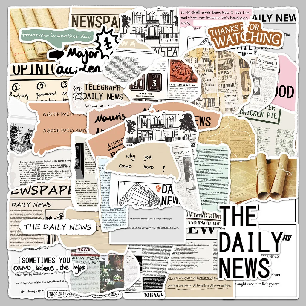 50Pcs Original Vintage Newspaper Journal Stickers - Creative Poster Decals for Luggage/Guka - Waterproof RecordingYourLife Store