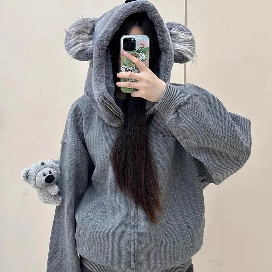 Koala Zipper Hood Sweatshirt Women Autumn Long Sleeve Crop Tops Casual Y2K Hoodies Streetwear Harajuku Female Jackets Coats