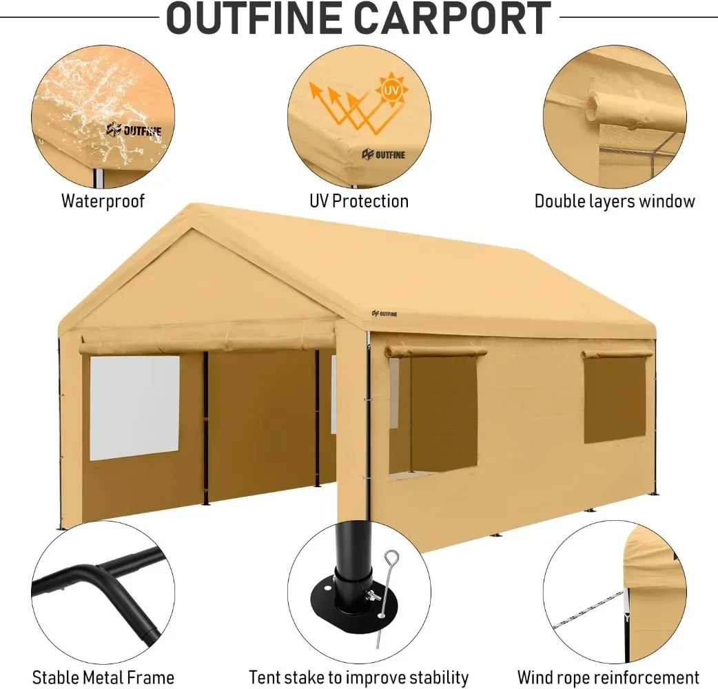 OUTFINE Carport CanAmendments, RapDuty Boat Car, Garage avec parois latérales parfaites et fenêtres ventilées enroulables, 12x20 FT