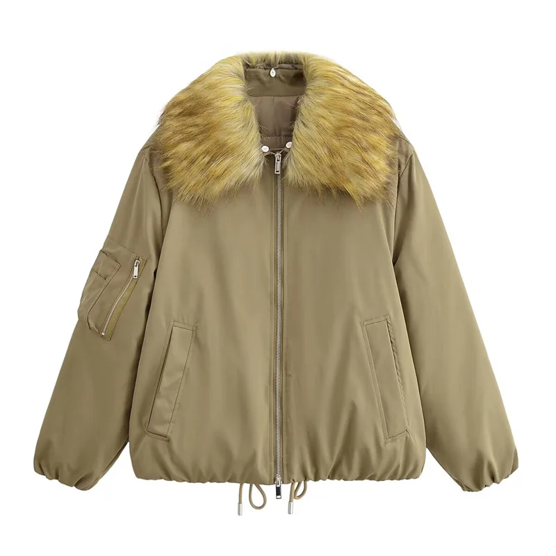 

2025 Winter New Women's Clothing, Warm Winter Khaki Parka with Oversized Fur Collar.