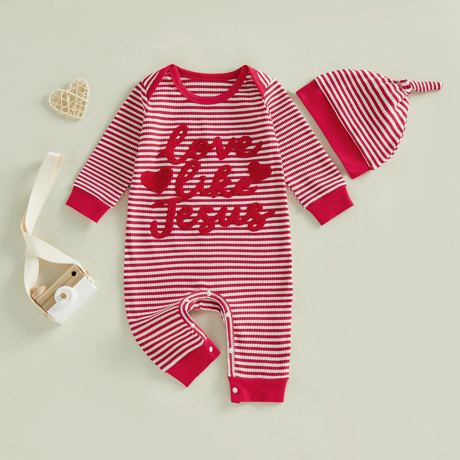 Baby Valentines Day Outfit Striped Heart Letter Embroidered Long Sleeve Romper and Knotted Hat 2 Piece Set