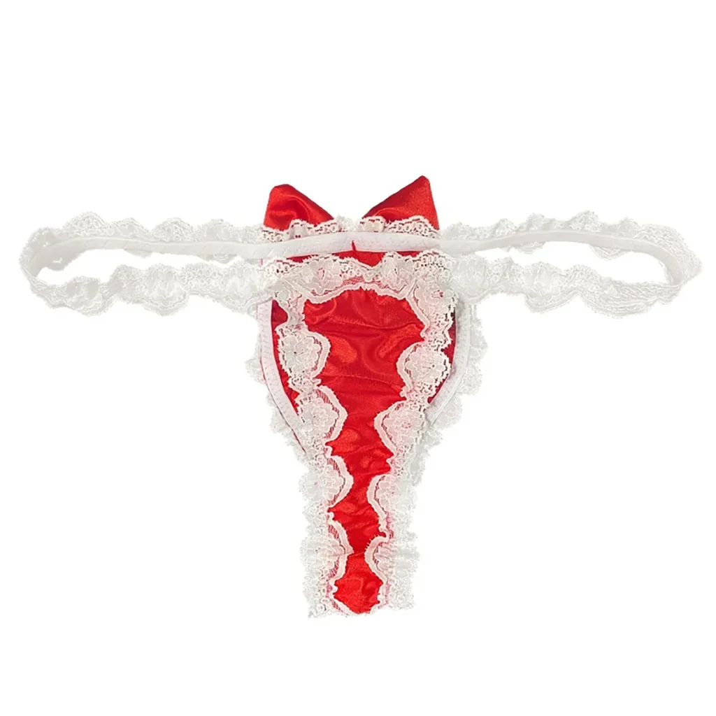 الدانتيل تكدرت T الظهر ثونغ للرجال المثيرة منخفضة الارتفاع U محدب الحقيبة g-سلسلة سيسي مثير Bowknot لامعة الساتان مثلي الجنس مفتوحة بعقب الملابس الداخلية #5