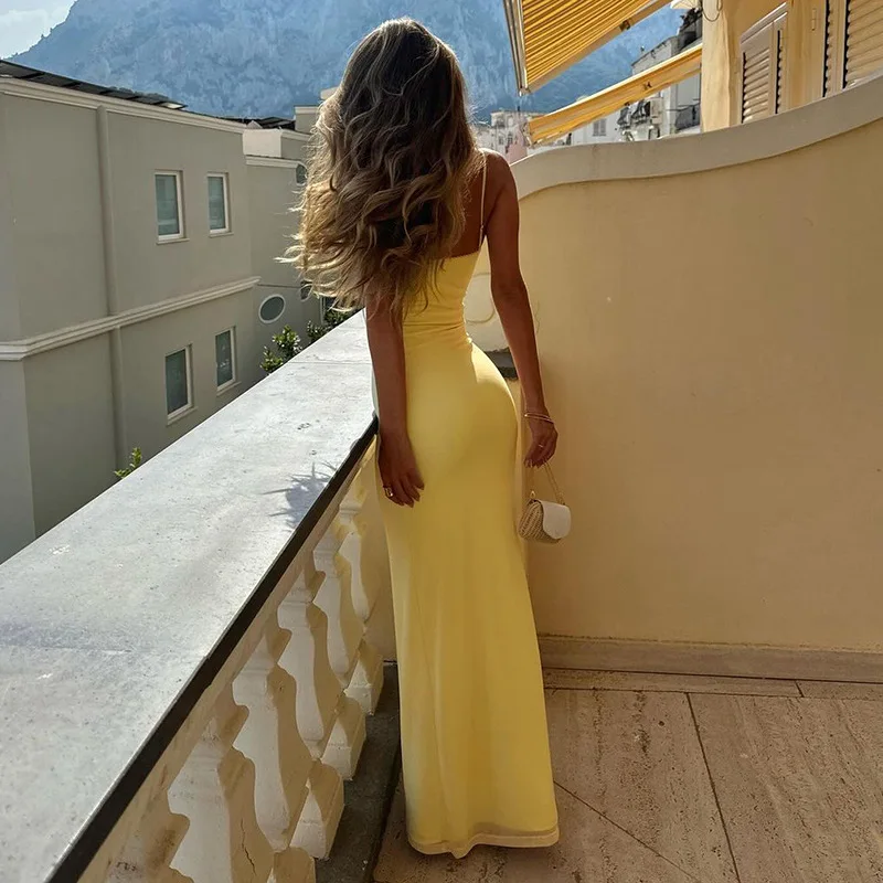 Letnia sukienka INS Fashion damska Slim Fit długie sukienki sukienka bez rękawów dekolt w serek żółta koszula imprezowa eleganckie estetyczne ubrania Y2k