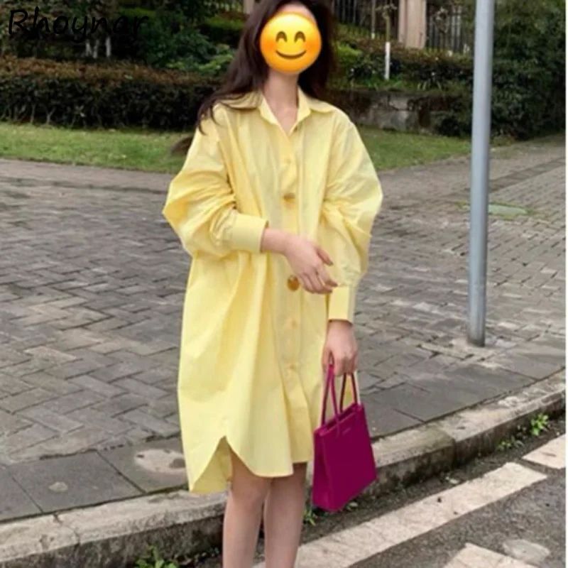 Yellow Sweet Baggy Dress Women L-4XL Preppy Style Autumn Ulzzang Basic Solid Chic Designed Boyfriend All-match Streetwear Simple