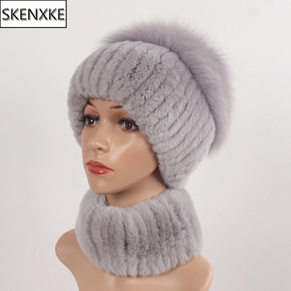 

New Women Winter Luxury Real Rex Rabbit Fur Hat Scarf 2 Pieces Knitted Rex Rabbit Fur Hat Top Natural Fox Fur Cap Scarves Sets