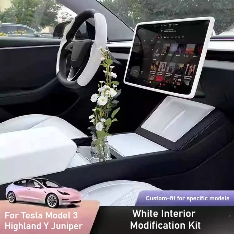 

For Tesla Model 3 Highland Y Juniper Center Console Storage Box Steering Wheel Cover Screen Protection Frame White Interior