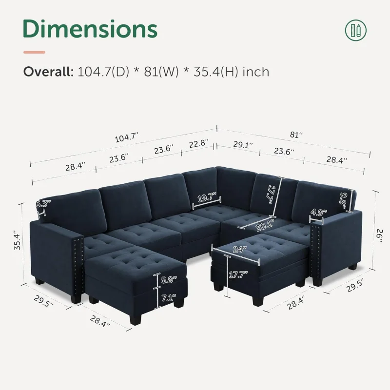 Velvet Modular Sectional sofa, Convertible L Shaped couch with Storage Top Tray Ottoman Corner,Dark Blue