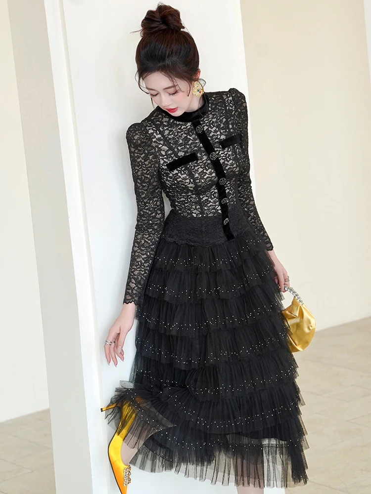 エレガントな甘いチュールケーキドレス女性の高級ブラックシアーレースダイヤモンドシングルブレストティアードフリルローブ宴会パーティー Vestidos