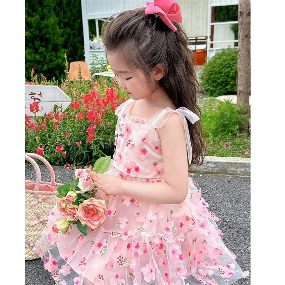 Girls\' Dress Summer Little Girl Full of Flowers Leaves Mesh Strap Bow Strap Princess Cake Dress