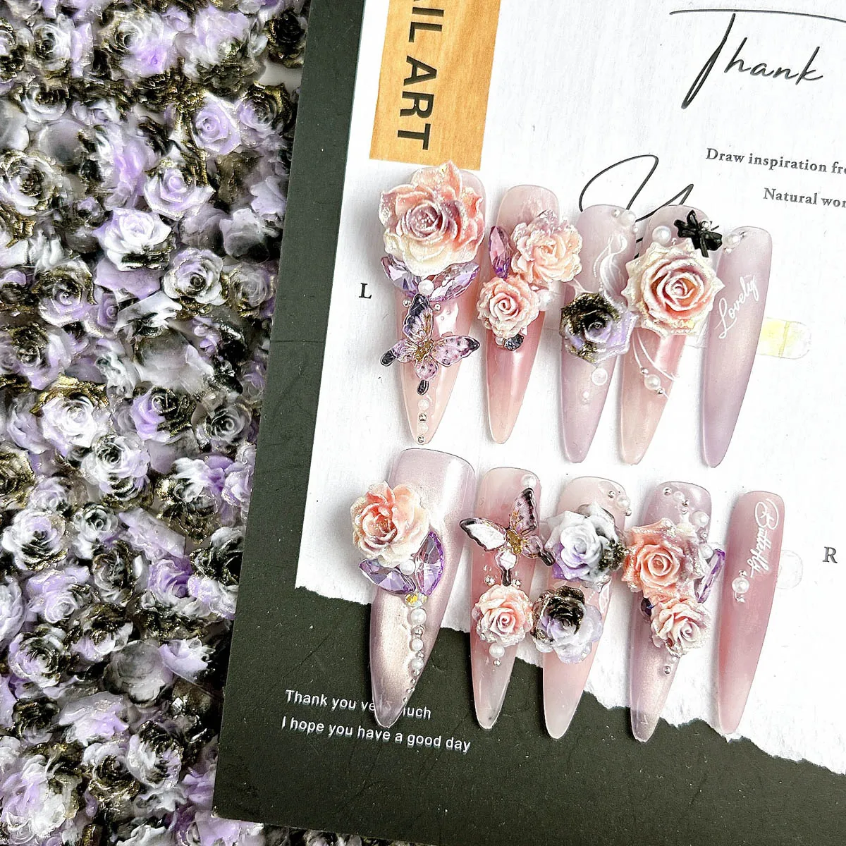 Random Mixed Luminous 3D Resin Soft Flower Nail Charms Fine Black-Purple Gradient Flower Nail Art Decoration DIY Crafts Parts