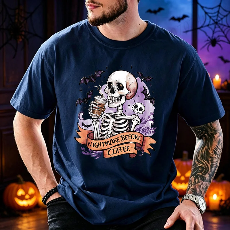 Nightmare Before Coffee Shirt Halloween Skeleton Coffee T‑shirt Men Funny Spooky Bat Skull Print Tops Coffee Lover Gift T‑shirt