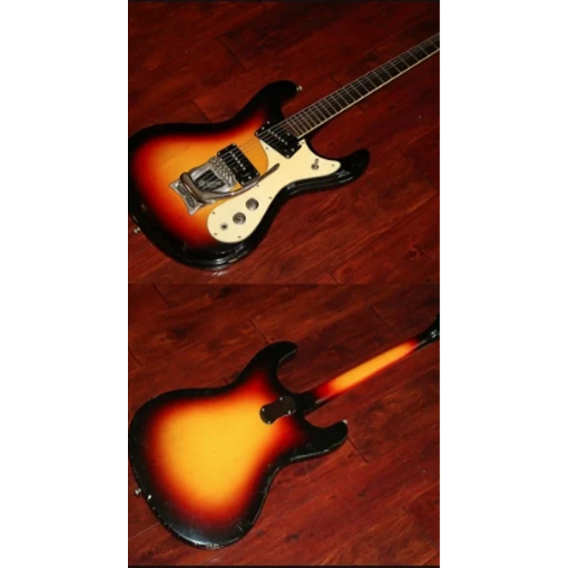 Electric guitar sunburst color chrome parts special shape neck plate chrome parts black headstock customer his own tail