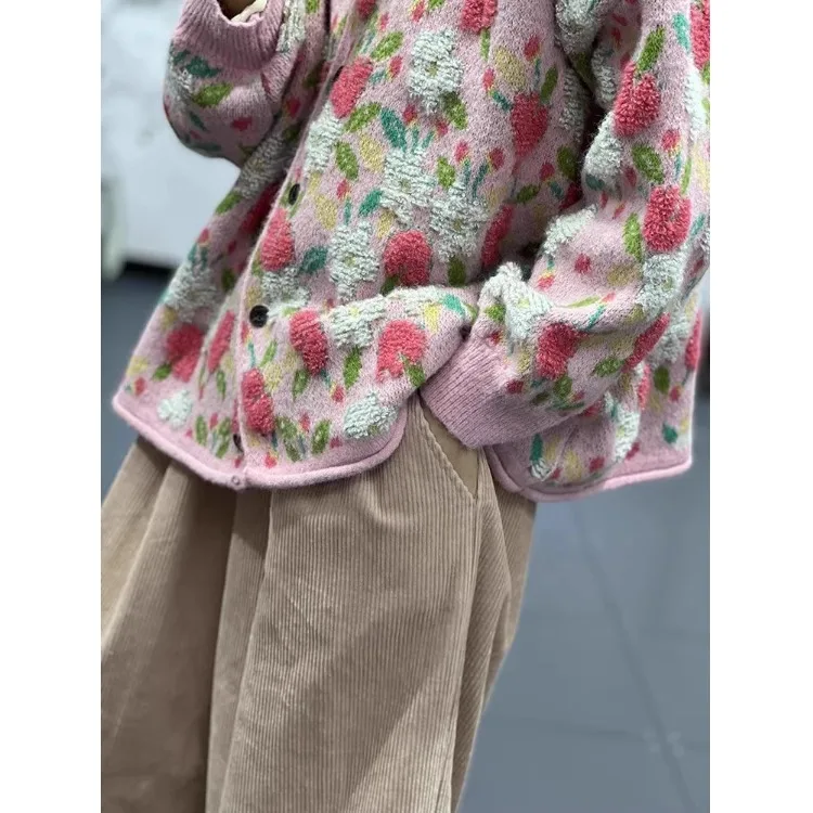 Runde Ne Gestrickte Pullover Mantel Casual Lose Sle mit Blumenmuster für Frauen Herbst Winter Neue Ankunft Ele Abnehmen