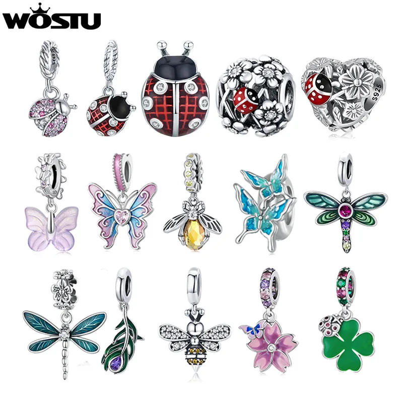 WOSTU Authentic 925 Sterling Silver Ladybug Butterfly Beads Charms Pendant Fit Bracelets Women Fashion DIY Jewelry Gift Making