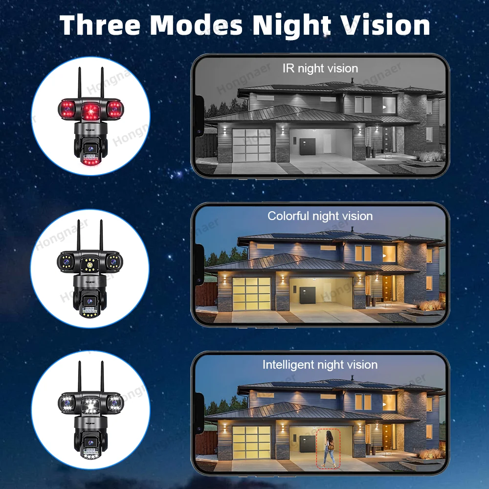 Hongnaer 12MP 6K V380 Pro Three Lenses WiFi Outdoor Wireless IP PTZ Smart 4G Sim Card Network Home Security CCTV Camera