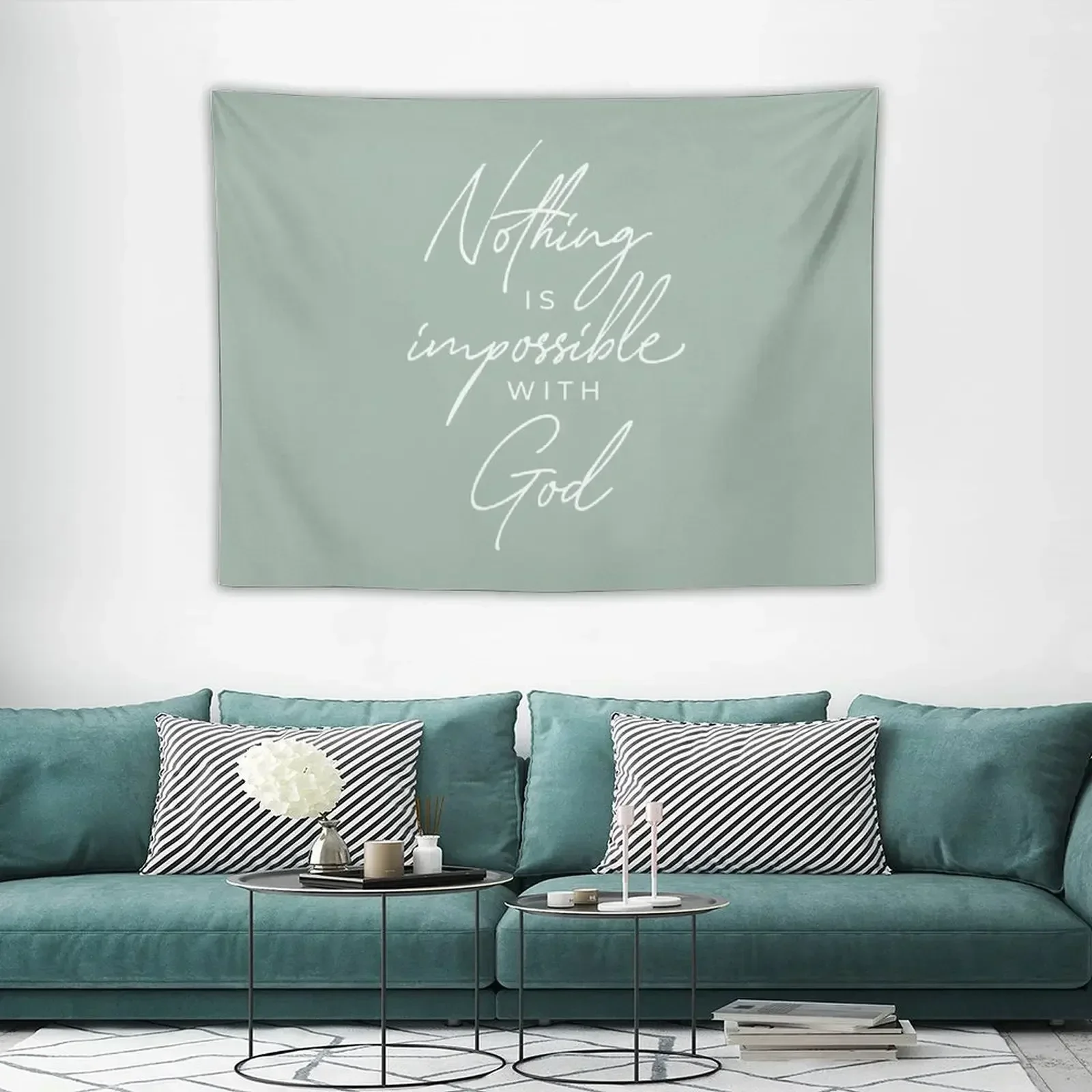 

Nothing is Impossible with God | Luke 1:37 Bible Verse | Seafoam Green Tapestry Wall Decoration Home Decorators Tapestry